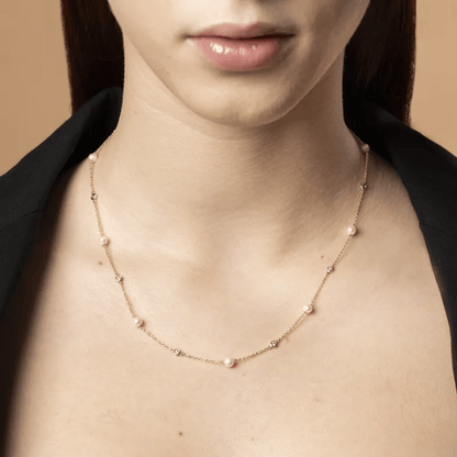 Gold Necklace with Pearls and Cubic Zirconia